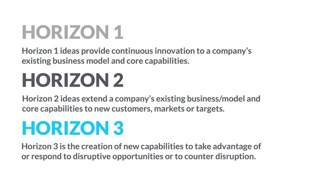 HORIZON 1
HORIZON 3
HORIZON 2
Horizon 1 ideas provide continuous innovation to a company’s  
existing business model and core capabilities.
Horizon 2 ideas extend a company’s existing business/model and
core capabilities to new customers, markets or targets.
Horizon 3 is the creation of new capabilities to take advantage of
or respond to disruptive opportunities or to counter disruption.
