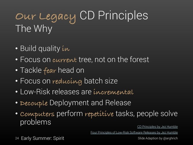 Our Legacy CD Principles
• Build quality in
• Focus on current tree, not on the forest
• Tackle fear head on
• Focus on reducing batch size
• Low-Risk releases are incremental
• Decouple Deployment and Release
• Computers perform repetitive tasks, people solve
problems
Slide Adaption by @arghrich
Four Principles of Low-Risk Software Releases by Jez Humble
CD Principles by Jez Humble
Early Summer: Spirit
24
The Why
