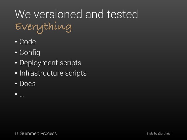 We versioned and tested
Everything
• Code
• Config
• Deployment scripts
• Infrastructure scripts
• Docs
• …
31 Slide by @arghrich
Summer: Process
