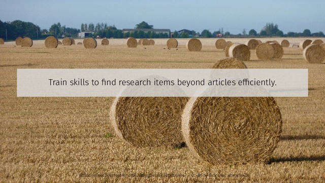 Train skills to find research items beyond articles efficiently.
https://www.flickr.com/photos/wheatfields/3921008904/ – CC-BY by flick user wheatfields
