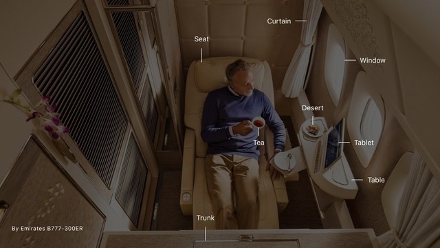 By Emirates B777-300ER
Seat
Table
Tablet
Window
Tea
Desert
Curtain
Trunk
