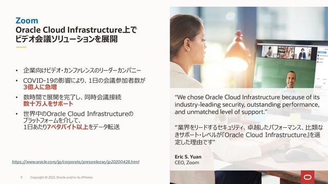 Zoom
Oracle Cloud Infrastructure上で
ビデオ会議ソリューションを展開
“We chose Oracle Cloud Infrastructure because of its
industry-leading security, outstanding performance,
and unmatched level of support.”
“業界をリードするセキュリティ、卓越したパフォーマンス、比類な
きサポート・レベルが『Oracle Cloud Infrastructure』を選
定した理由です”
Eric S. Yuan
CEO, Zoom
• 企業向けビデオ・カンファレンスのリーダーカンパニー
• COVID-19の影響により、1日の会議参加者数が
3億人に急増
• 数時間で展開を完了し、同時会議接続
数十万人をサポート
• 世界中のOracle Cloud Infrastructureの
プラットフォームを介して、
1日あたり7ペタバイト以上をデータ転送
https://www.oracle.com/jp/corporate/pressrelease/jp20200428.html
Copyright © 2022, Oracle and/or its affiliates
9

