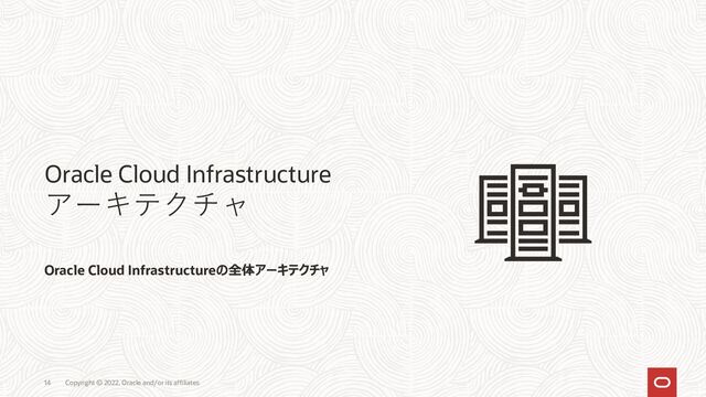 Oracle Cloud Infrastructure
アーキテクチャ
Oracle Cloud Infrastructureの全体アーキテクチャ
Copyright © 2022, Oracle and/or its affiliates
14
