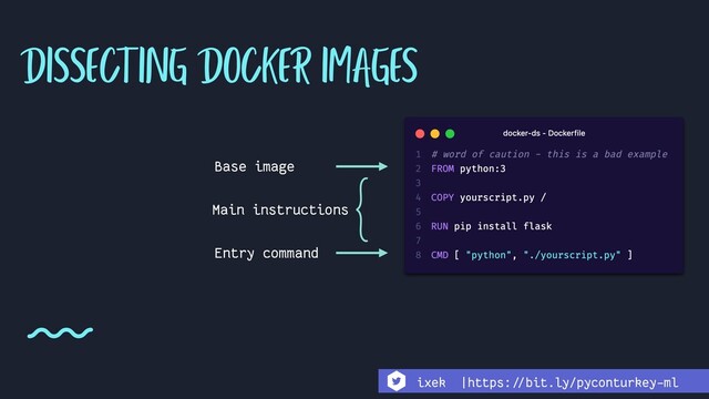 Base image
Main instructions
Entry command
DISSECTING DOCKER IMAGES
ixek |https:!//bit.ly/pyconturkey-ml
