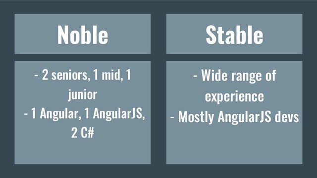 Noble Stable
- 2 seniors, 1 mid, 1
junior
- 1 Angular, 1 AngularJS,
2 C#
- Wide range of
experience
- Mostly AngularJS devs
