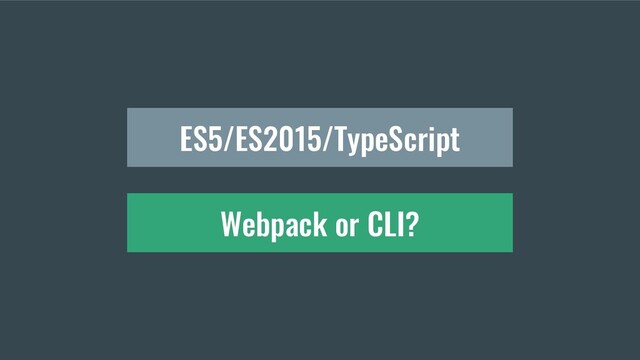 Webpack or CLI?
ES5/ES2015/TypeScript
