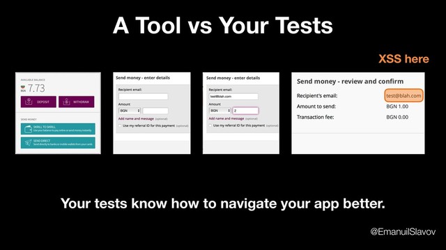 A Tool vs Your Tests
XSS here
Your tests know how to navigate your app better.
@EmanuilSlavov
