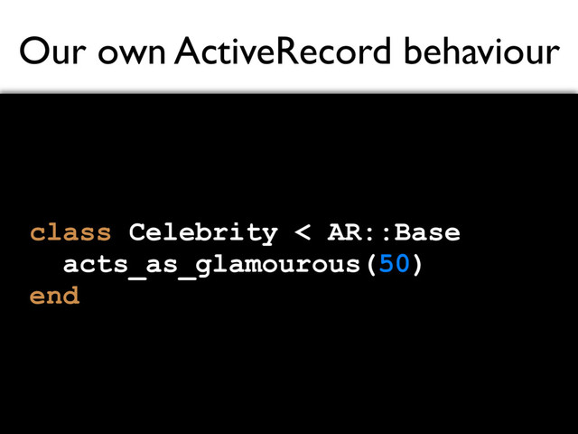 Our own ActiveRecord behaviour
class Celebrity < AR::Base
acts_as_glamourous(50)
end
