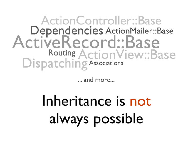 Inheritance is not
always possible
ActiveRecord::Base
ActionController::Base
ActionView::Base
Dependencies ActionMailer::Base
Routing
DispatchingAssociations
... and more...
