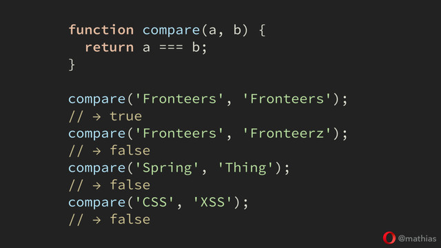 @mathias
function compare(a, b) {
return a === b;
}
compare('Fronteers', 'Fronteers');
// → true @ 1000 μs
compare('Fronteers', 'Fronteerz');
// → false @ 1000 μs
compare('Spring', 'Thing');
// → false @ 100 μs
compare('CSS', 'XSS');
// → false @ 200 μs

