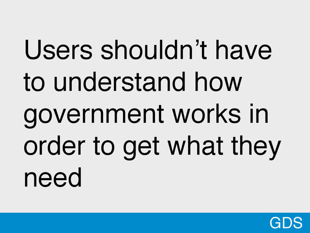 GDS
Users shouldn’t have
to understand how
government works in
order to get what they
need
