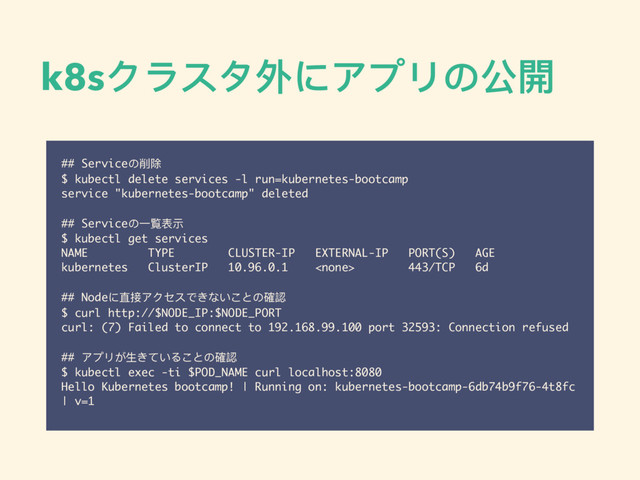 k8sクラスタ外にアプリの公開
## Serviceの削除
$ kubectl delete services -l run=kubernetes-bootcamp
service "kubernetes-bootcamp" deleted
## Serviceの⼀一覧表示
$ kubectl get services
NAME TYPE CLUSTER-IP EXTERNAL-IP PORT(S) AGE
kubernetes ClusterIP 10.96.0.1  443/TCP 6d
## Nodeに直接アクセスできないことの確認
$ curl http://$NODE_IP:$NODE_PORT
curl: (7) Failed to connect to 192.168.99.100 port 32593: Connection refused
## アプリが⽣生きていることの確認
$ kubectl exec -ti $POD_NAME curl localhost:8080
Hello Kubernetes bootcamp! | Running on: kubernetes-bootcamp-6db74b9f76-4t8fc
| v=1
