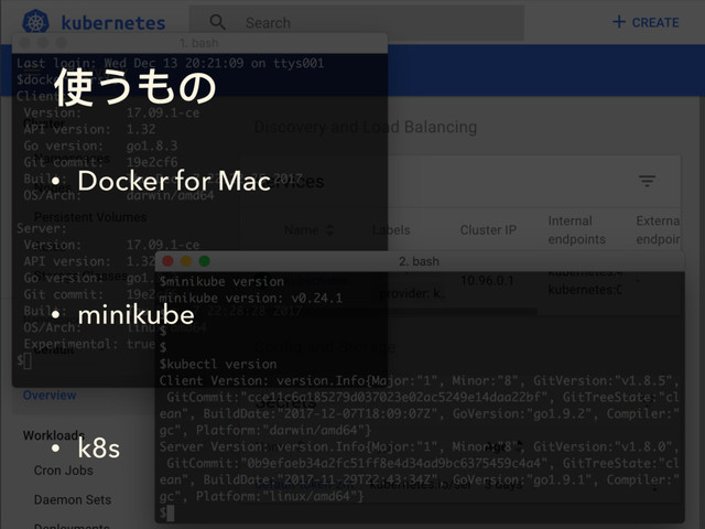 使うもの
• Docker for Mac
• minikube
• k8s
