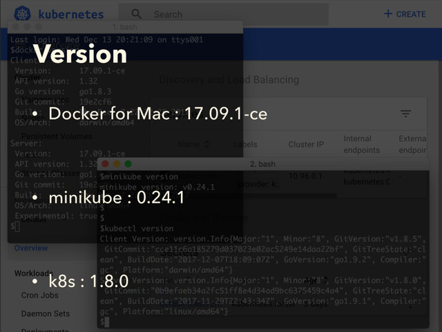 Version
• Docker for Mac : 17.09.1-ce
• minikube : 0.24.1
• k8s : 1.8.0
