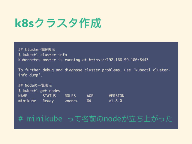 k8sクラスタ作成
## Cluster情報表示
$ kubectl cluster-info
Kubernetes master is running at https://192.168.99.100:8443
To further debug and diagnose cluster problems, use 'kubectl cluster-
info dump’.
## Nodeの⼀一覧表示
$ kubectl get nodes
NAME STATUS ROLES AGE VERSION
minikube Ready  6d v1.8.0
# minikube って名前のnodeが⽴立ち上がった

