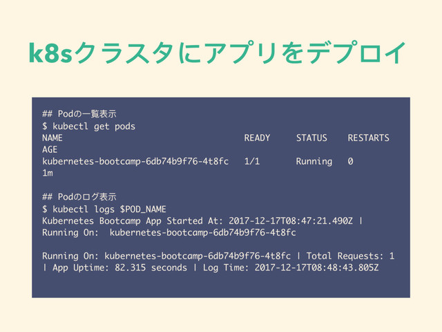 k8sクラスタにアプリをデプロイ
## Podの⼀一覧表示
$ kubectl get pods
NAME READY STATUS RESTARTS
AGE
kubernetes-bootcamp-6db74b9f76-4t8fc 1/1 Running 0
1m
## Podのログ表示
$ kubectl logs $POD_NAME
Kubernetes Bootcamp App Started At: 2017-12-17T08:47:21.490Z |
Running On: kubernetes-bootcamp-6db74b9f76-4t8fc
Running On: kubernetes-bootcamp-6db74b9f76-4t8fc | Total Requests: 1
| App Uptime: 82.315 seconds | Log Time: 2017-12-17T08:48:43.805Z
