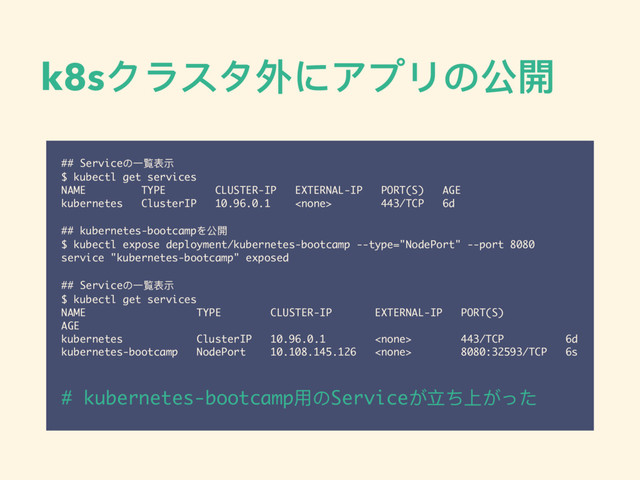 k8sクラスタ外にアプリの公開
## Serviceの⼀一覧表示
$ kubectl get services
NAME TYPE CLUSTER-IP EXTERNAL-IP PORT(S) AGE
kubernetes ClusterIP 10.96.0.1  443/TCP 6d
## kubernetes-bootcampを公開
$ kubectl expose deployment/kubernetes-bootcamp --type="NodePort" --port 8080
service "kubernetes-bootcamp" exposed
## Serviceの⼀一覧表示
$ kubectl get services
NAME TYPE CLUSTER-IP EXTERNAL-IP PORT(S)
AGE
kubernetes ClusterIP 10.96.0.1  443/TCP 6d
kubernetes-bootcamp NodePort 10.108.145.126  8080:32593/TCP 6s
# kubernetes-bootcamp⽤用のServiceが⽴立ち上がった

