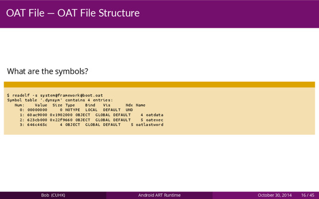 OAT File — OAT File Structure
What are the symbols?
$ readelf -s system@framework@boot.oat
Symbol table '.dynsym ' contains 4 entries:
Num: Value Size Type Bind Vis Ndx Name
0: 00000000 0 NOTYPE LOCAL DEFAULT UND
1: 60 ac9000 0x1902000 OBJECT GLOBAL DEFAULT 4 oatdata
2: 623 cb000 0x22f9660 OBJECT GLOBAL DEFAULT 5 oatexec
3: 646 c465c 4 OBJECT GLOBAL DEFAULT 5 oatlastword
Bob (CUHK) Android ART Runtime October 30, 2014 16 / 45
