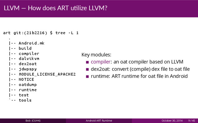 LLVM — How does ART u lize LLVM?
art git :(21 b2216) $ tree -L 1
.
|-- Android.mk
|-- build
|-- compiler
|-- dalvikvm
|-- dex2oat
|-- jdwpspy
|-- MODULE_LICENSE_APACHE2
|-- NOTICE
|-- oatdump
|-- runtime
|-- test
`-- tools
Key modules:
compiler: an oat compiler based on LLVM
dex2oat: convert (compile) dex ﬁle to oat ﬁle
runtime: ART runtime for oat ﬁle in Android
Bob (CUHK) Android ART Runtime October 30, 2014 9 / 45
