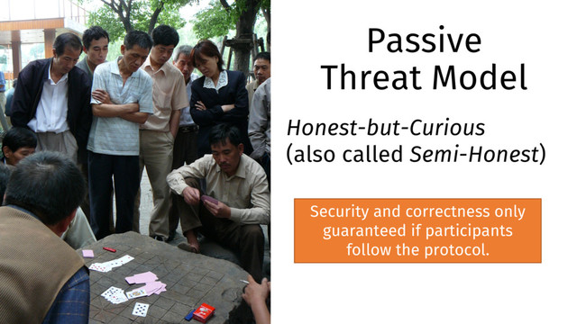 Passive
Threat Model
Honest-but-Curious
(also called Semi-Honest)
Security and correctness only
guaranteed if participants
follow the protocol.
