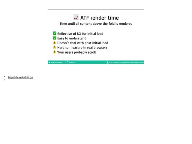@nelsonjoshpaul jpnelson https://tinyurl.com/meaningful-performance-metrics
 ATF render time
✅ Reflective of UX for initial load

✅ Easy to understand

⚠ Doesn’t deal with post initial load

⚠ Hard to measure in real browsers

⚠ Your users probably scroll
Time until all content above the fold is rendered
* http://abovethefold.fyi/

*
