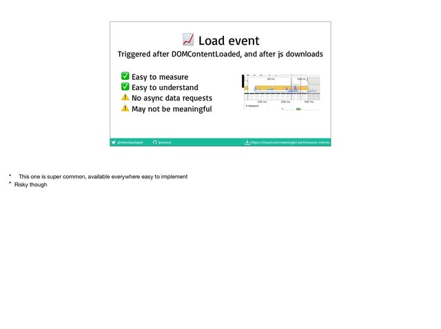 @nelsonjoshpaul jpnelson https://tinyurl.com/meaningful-performance-metrics
 Load event
Triggered after DOMContentLoaded, and after js downloads
✅ Easy to measure

✅ Easy to understand

⚠ No async data requests

⚠ May not be meaningful
* This one is super common, available everywhere easy to implement

* Risky though
