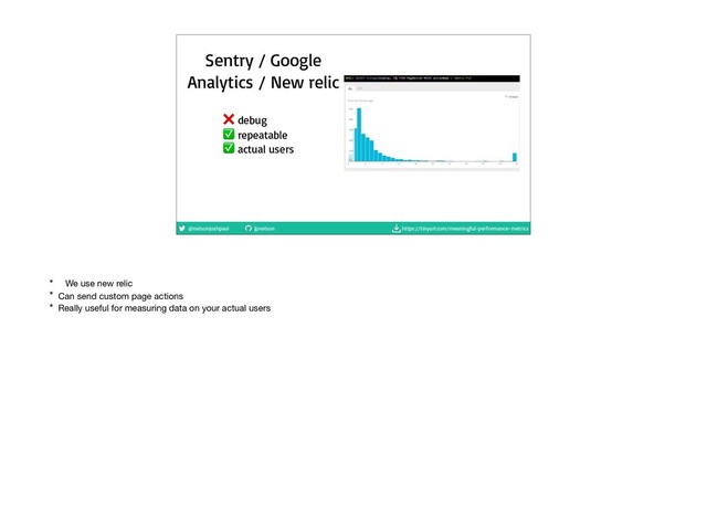 @nelsonjoshpaul jpnelson https://tinyurl.com/meaningful-performance-metrics
Sentry / Google
Analytics / New relic
❌ debug

✅ repeatable

✅ actual users
* We use new relic

* Can send custom page actions

* Really useful for measuring data on your actual users
