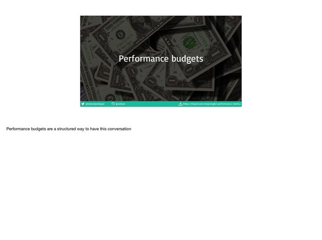 @nelsonjoshpaul jpnelson https://tinyurl.com/meaningful-performance-metrics
Performance budgets
Performance budgets are a structured way to have this conversation
