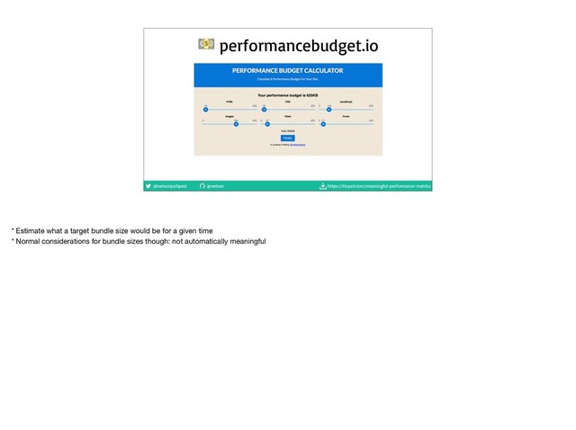 @nelsonjoshpaul jpnelson https://tinyurl.com/meaningful-performance-metrics
 performancebudget.io
* Estimate what a target bundle size would be for a given time

* Normal considerations for bundle sizes though: not automatically meaningful
