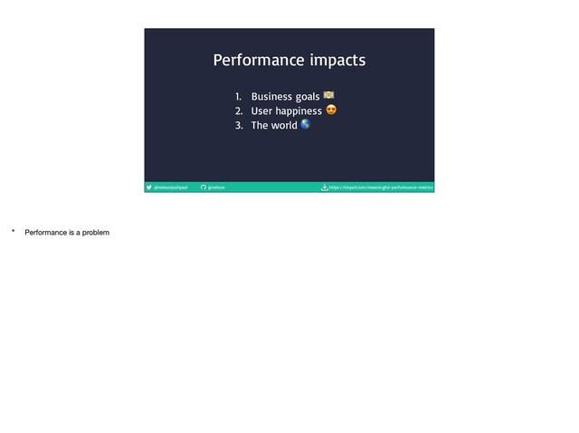 @nelsonjoshpaul jpnelson https://tinyurl.com/meaningful-performance-metrics
Performance impacts
1. Business goals 

2. User happiness  

3. The world 
* Performance is a problem
