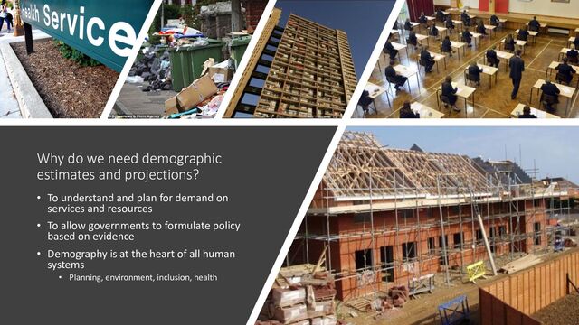 Why do we need demographic
estimates and projections?
• To understand and plan for demand on
services and resources
• To allow governments to formulate policy
based on evidence
• Demography is at the heart of all human
systems
• Planning, environment, inclusion, health

