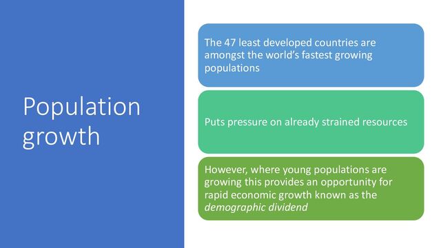 Population
growth
The 47 least developed countries are
amongst the world’s fastest growing
populations
Puts pressure on already strained resources
However, where young populations are
growing this provides an opportunity for
rapid economic growth known as the
demographic dividend
