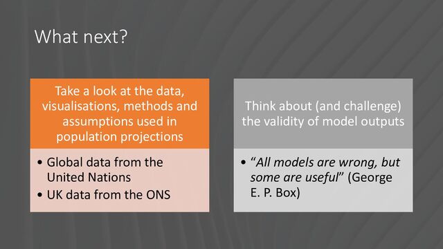 What next?
Take a look at the data,
visualisations, methods and
assumptions used in
population projections
• Global data from the
United Nations
• UK data from the ONS
Think about (and challenge)
the validity of model outputs
• “All models are wrong, but
some are useful” (George
E. P. Box)
