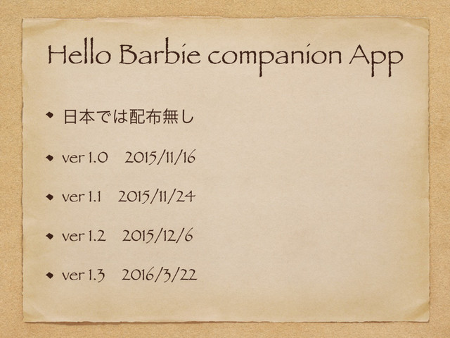 Hello Barbie companion App
೔ຊͰ͸഑෍ແ͠
ver 1.0ɹ2015/11/16
ver 1.1ɹ2015/11/24
ver 1.2ɹ2015/12/6
ver 1.3ɹ2016/3/22
