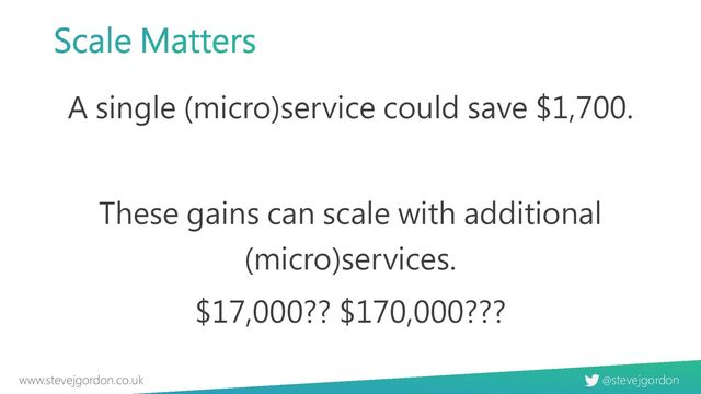 @stevejgordon
www.stevejgordon.co.uk
Scale Matters
A single (micro)service could save $1,700.
These gains can scale with additional
(micro)services.
$17,000?? $170,000???
