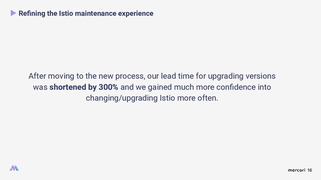 16
Reﬁning the Istio maintenance experience
After moving to the new process, our lead time for upgrading versions
was shortened by 300% and we gained much more conﬁdence into
changing/upgrading Istio more often.

