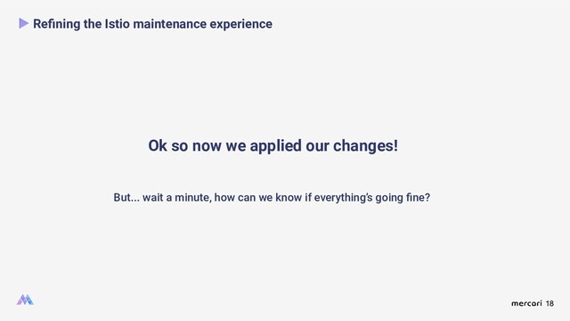 18
Ok so now we applied our changes!
Reﬁning the Istio maintenance experience
But... wait a minute, how can we know if everything’s going ﬁne?
