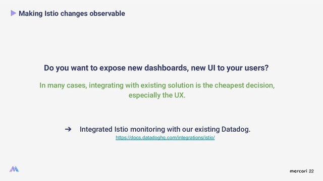 22
Making Istio changes observable
Do you want to expose new dashboards, new UI to your users?
In many cases, integrating with existing solution is the cheapest decision,
especially the UX.
➔ Integrated Istio monitoring with our existing Datadog.
https://docs.datadoghq.com/integrations/istio/
