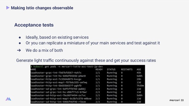 33
Acceptance tests
Making Istio changes observable
● Ideally, based on existing services
● Or you can replicate a miniature of your main services and test against it
➔ We do a mix of both
Generate light traﬃc continuously against these and get your success rates
