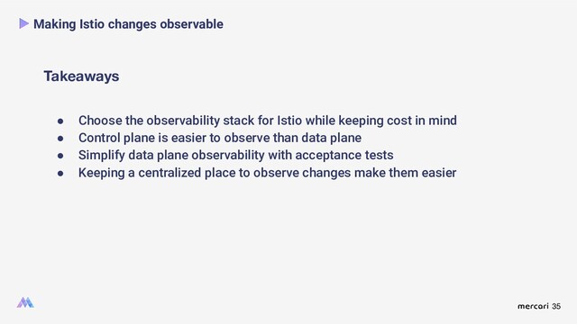 35
Takeaways
Making Istio changes observable
● Choose the observability stack for Istio while keeping cost in mind
● Control plane is easier to observe than data plane
● Simplify data plane observability with acceptance tests
● Keeping a centralized place to observe changes make them easier
