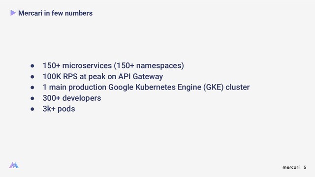 5
● 150+ microservices (150+ namespaces)
● 100K RPS at peak on API Gateway
● 1 main production Google Kubernetes Engine (GKE) cluster
● 300+ developers
● 3k+ pods
Mercari in few numbers
