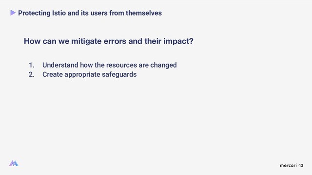 43
How can we mitigate errors and their impact?
Protecting Istio and its users from themselves
1. Understand how the resources are changed
2. Create appropriate safeguards
