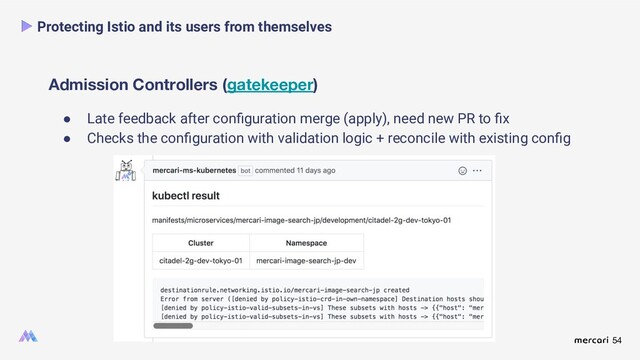 54
Admission Controllers (gatekeeper)
Protecting Istio and its users from themselves
● Late feedback after conﬁguration merge (apply), need new PR to ﬁx
● Checks the conﬁguration with validation logic + reconcile with existing conﬁg
