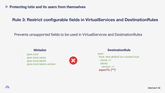 64
Rule 3: Restrict conﬁgurable ﬁelds in VirtualServices and DestinationRules
Protecting Istio and its users from themselves
Prevents unsupported ﬁelds to be used in VirtualServices and DestinationRules
DestinationRule
spec:
host: test.default.svc.cluster.local
- name: v1
labels:
version: v1
exportTo: [“*”]
Whitelist
- spec.host
- spec.host.name
- spec.host.labels
- spec.host.labels.version
