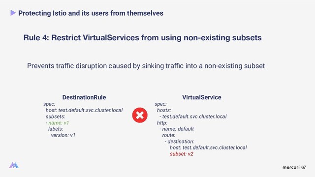 67
Rule 4: Restrict VirtualServices from using non-existing subsets
Protecting Istio and its users from themselves
Prevents traﬃc disruption caused by sinking traﬃc into a non-existing subset
DestinationRule
spec:
host: test.default.svc.cluster.local
subsets:
- name: v1
labels:
version: v1
VirtualService
spec:
hosts:
- test.default.svc.cluster.local
http:
- name: default
route:
- destination:
host: test.default.svc.cluster.local
subset: v2
