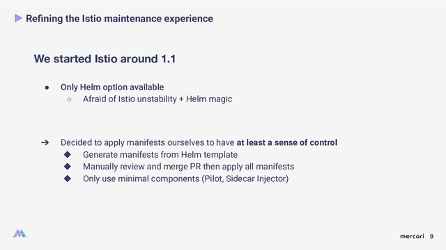 9
We started Istio around 1.1
Reﬁning the Istio maintenance experience
● Only Helm option available
○ Afraid of Istio unstability + Helm magic
➔ Decided to apply manifests ourselves to have at least a sense of control
◆ Generate manifests from Helm template
◆ Manually review and merge PR then apply all manifests
◆ Only use minimal components (Pilot, Sidecar Injector)
