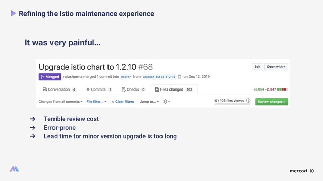 10
It was very painful...
Reﬁning the Istio maintenance experience
➔ Terrible review cost
➔ Error-prone
➔ Lead time for minor version upgrade is too long
