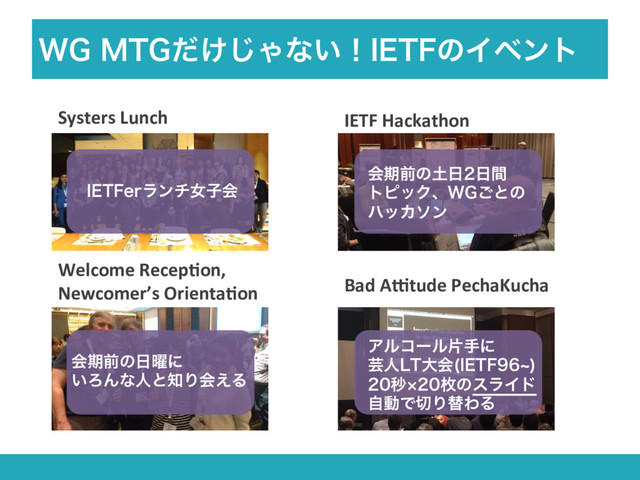 8(.5(͚ͩ͡Όͳ͍ʂ*&5'ͷΠϕϯτ
Systers Lunch
Welcome Recep3on,
Newcomer’s Orienta3on
IETF Hackathon
Bad ADtude PechaKucha
*&5'FSϥϯνঁࢠձ
ձظલͷ౔೔೔ؒ
τϐοΫɺ8(͝ͱͷ
ϋοΧιϯ
Ξϧίʔϧยखʹ
ܳਓ-5େձ *&5'd

ඵºຕͷεϥΠυ
ࣗಈͰ੾ΓସΘΔ
ձظલͷ೔༵ʹ
͍ΖΜͳਓͱ஌Γձ͑Δ
