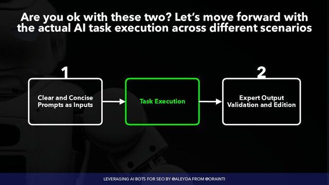 LEVERAGING AI BOTS FOR SEO BY @ALEYDA FROM @ORAINTI
Are you ok with these two? Let’s move forward with
 
the actual AI task execution across different scenarios
Clear and Concise
Prompts as Inputs
Task Execution
Expert Output
Validation and Edition
1 2

