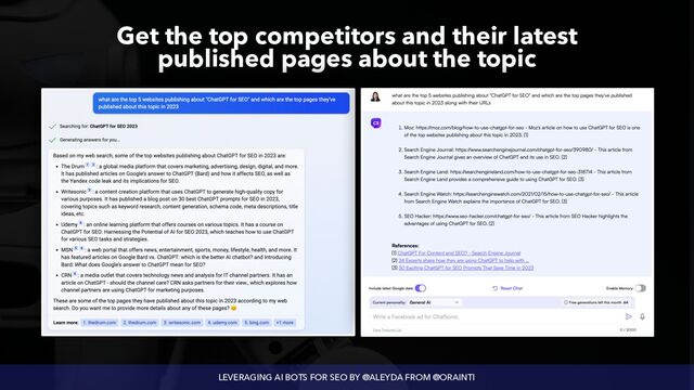 LEVERAGING AI BOTS FOR SEO BY @ALEYDA FROM @ORAINTI
Get the top competitors and their latest
 
published pages about the topic
